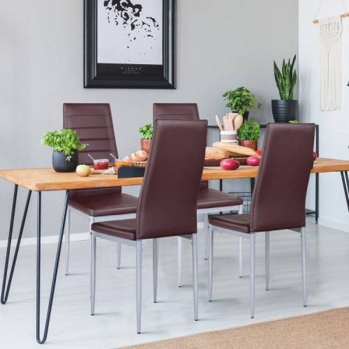 Set of 4 Modern High Back Brown PVC Leather Dining Chairs with Metal Legs