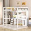 Full Size Loft Bed with Multi-storage Desk, LED light and Bedside Tray, Charging Station, White