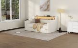 Twin Size Daybed with Storage Drawers, Upholstered Daybed with Charging Station and LED Lights, White