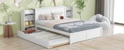 Queen Size Storage Platform Bed with Pull Out Shelves and Twin XL Size Trundle, White