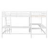 Wood Twin Size L-Shaped Loft Bed with Ladder and 2 Built-in L-Shaped Desks, White