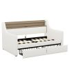 Twin Size Daybed with Storage Drawers, Upholstered Daybed with Charging Station and LED Lights, White