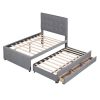 Full Size Upholstered Platform Bed with Pull-out Twin Size Trundle and 3 Drawers, Gray
